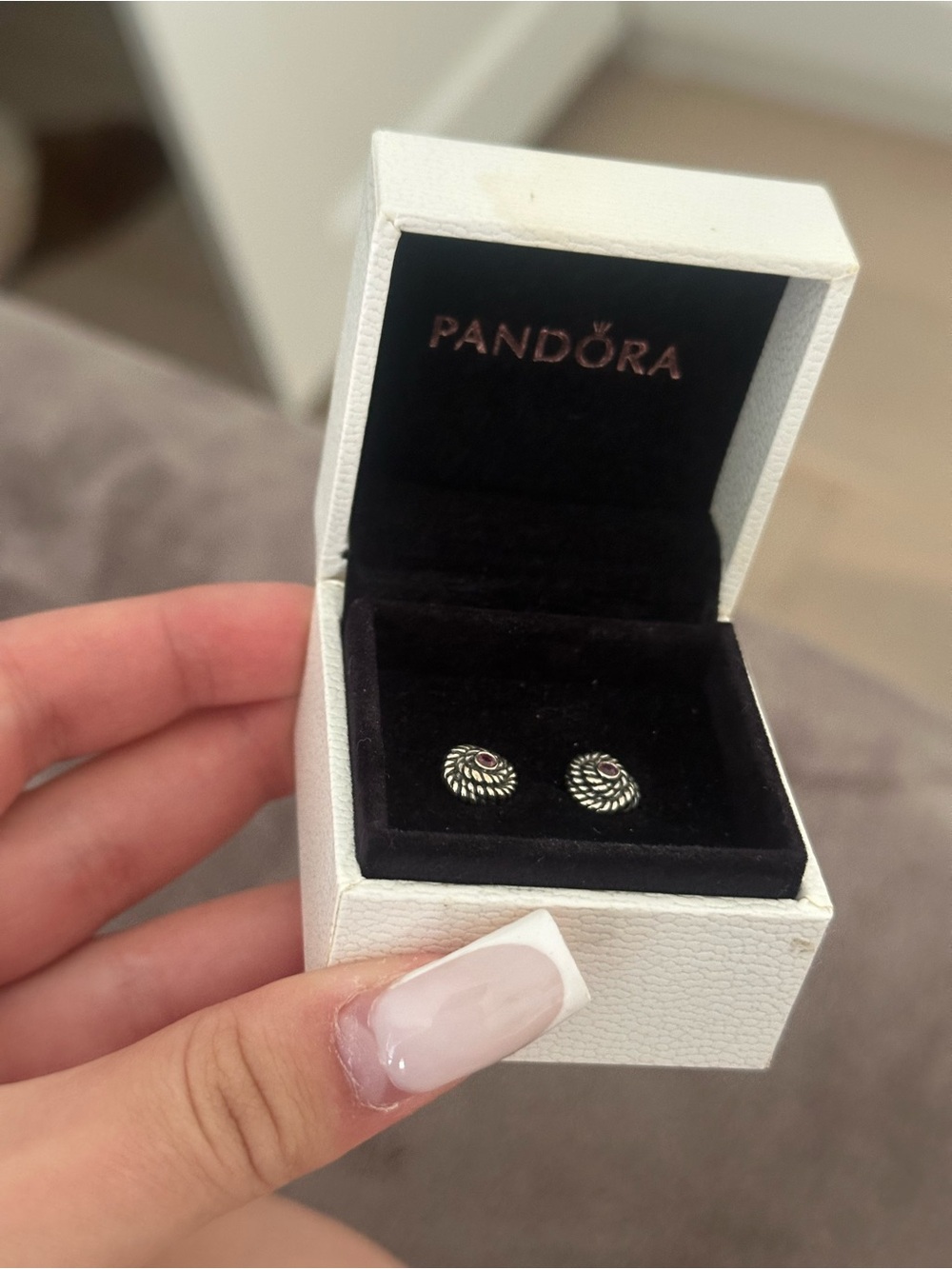 Pandora Silver Floral Spiral Stud Earrings with Pink Center